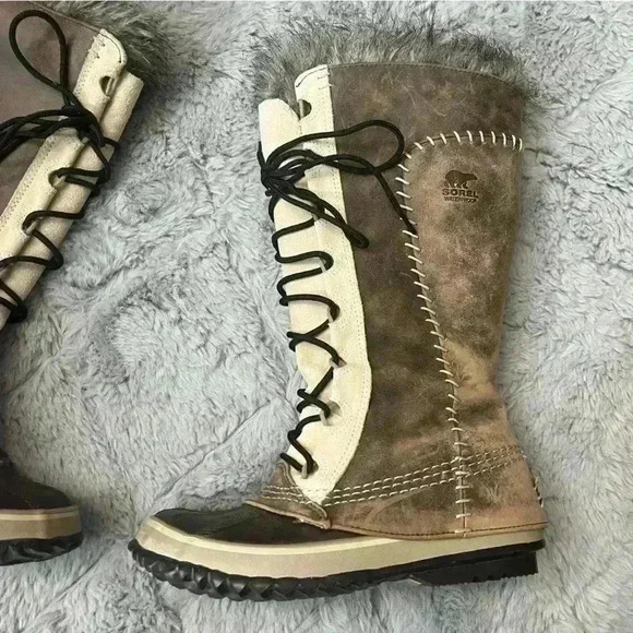 SOREL Cate The Great Leather Tall Winter Boots Fur Trim Lace Up RARE - Picture 12 of 14